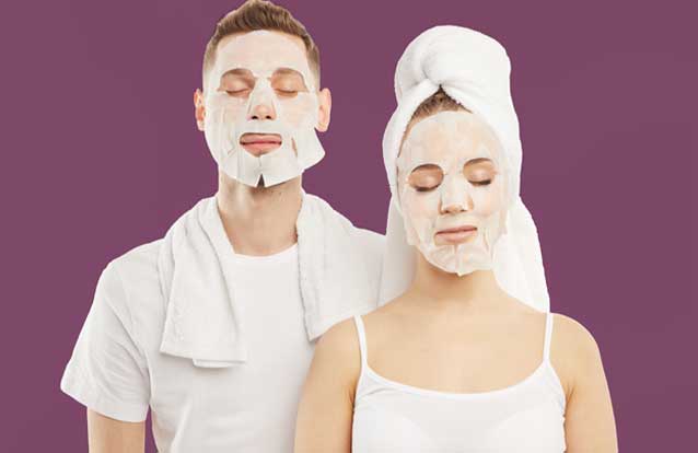 Guy and woman with face mask sheet in Fremont